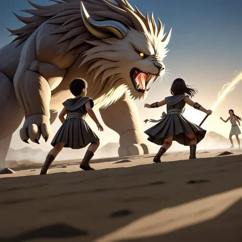 medium view of (2boys,2girls) ancient Greek children casting spells to fight against a monster, Cinematic lighting, Volumetric lighting, Epic composition, Photorealism, Bokeh blur, dynamic scene, action-packed, amazing