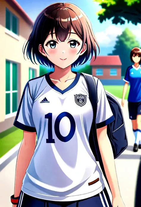 girl, short hair, wearing a shirt of the soccer team, leaving school, clear focus (house: 0.8), (masterpiece: 1.2) (Realistic: 1.2) (Bokeh) (Best quality) (Detailed Skin: 1.3) (Intricate Details) (8K) (Detail Eyes) (Sharp Focus), (Happy)