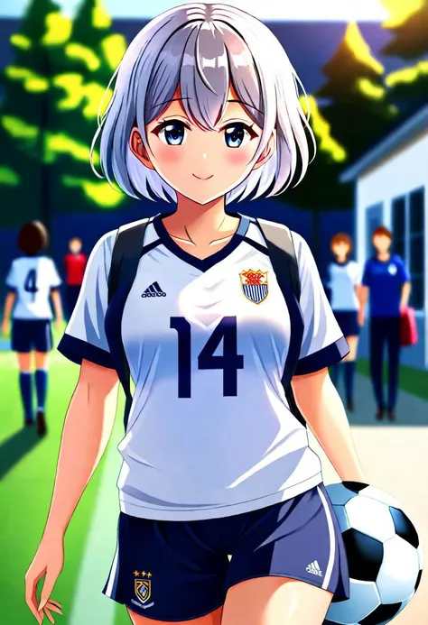 girl, short hair, wearing a shirt of the soccer team, leaving school, clear focus (house: 0.8), (masterpiece: 1.2) (Realistic: 1.2) (Bokeh) (Best quality) (Detailed Skin: 1.3) (Intricate Details) (8K) (Detail Eyes) (Sharp Focus), (Happy)