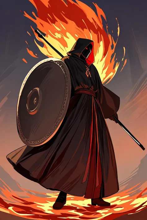 a holding a huge shield and dark robe in a dancing around a fire in the style of haunting beautiful brush strokes, warm colors scheme, <lora:sdxl_lightning_8step_lora.safetensors:1.0>, <lora:add detail xl.safetensors:1.5>, masterpiece, best quality, very a...