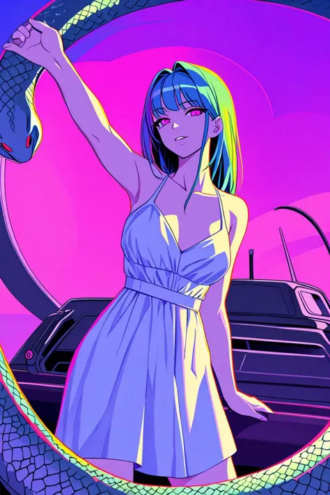 a tank and wearing a sundress in a snake is surrounding them in the style of [ 4 k synthwave art style ]!!, frenetic, <lora:sdxl_lightning_8step_lora.safetensors:1.0>, <lora:add detail xl.safetensors:1.5>, masterpiece, best quality, very aesthetic, absurdr...