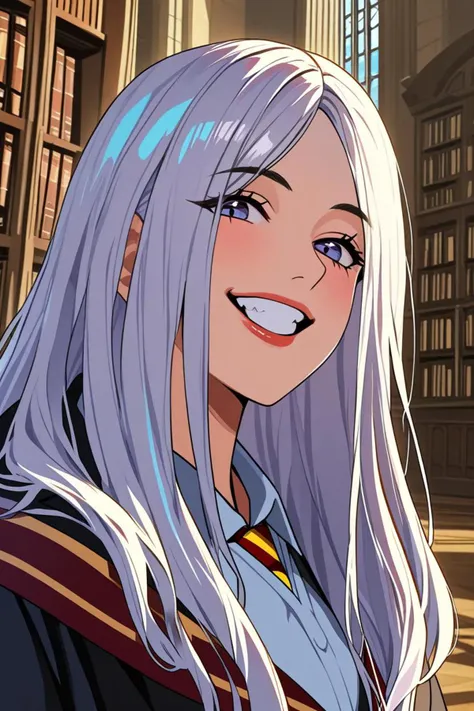 a character portrait and huge white teeth in a hogwarts library in the style of applied thick, wonderful scene, <lora:sdxl_lightning_8step_lora.safetensors:1.0>, <lora:add detail xl.safetensors:1.5>, masterpiece, best quality, very aesthetic, absurdres, am...
