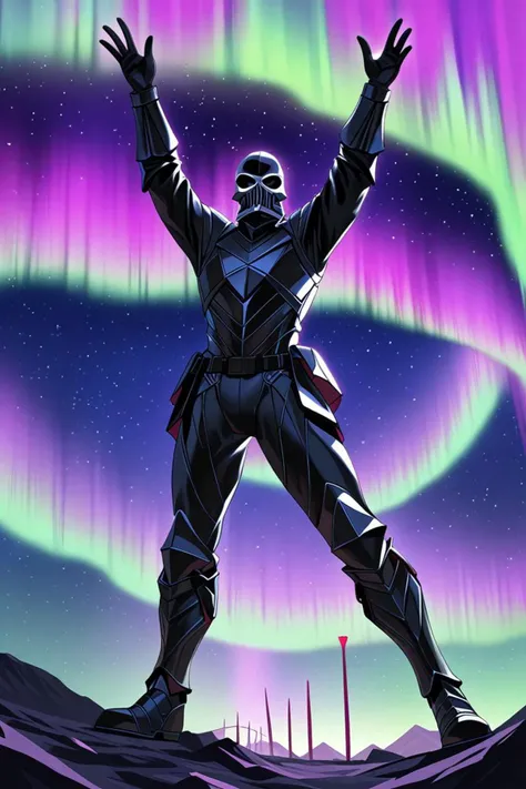 a berserk skullknight black armor and torches in ground in a aurora borealis in the sky in the style of new contemporary art, hands raised in the air, <lora:sdxl_lightning_8step_lora.safetensors:1.0>, <lora:add detail xl.safetensors:1.5>, masterpiece, best...