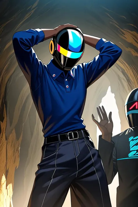 a wearing a dark blue polo shirt and face of an human in a cave entrance in the style of daft punk style, hands raised in the air, <lora:sdxl_lightning_8step_lora.safetensors:1.0>, <lora:add detail xl.safetensors:1.5>, masterpiece, best quality, very aesth...