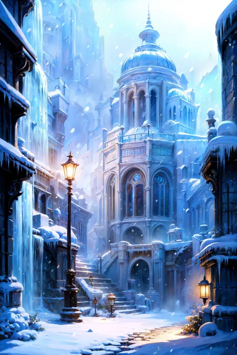 a painting of a snowy city with a street light and a building