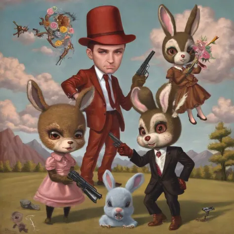 1girl,short hair,blue eyes,brown hair,gloves,1boy,hat,dress,holding,animal ears,jacket,tail,weapon,flower,outdoors,multiple boys,necktie,sky,artist name,cloud,signature,2boys,holding weapon,rabbit ears,tree,gun,parody,formal,red dress,suit,grass,fire,groun...