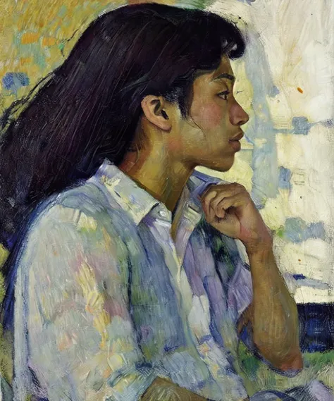 (paul gauguin:1), king,ctoil, 1girl, black hair, long hair, realistic, profile, lips, closed mouth, shirt,nice fingers,full body...