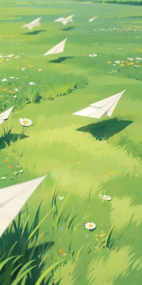 there are many paper airplanes that are flying in the grass