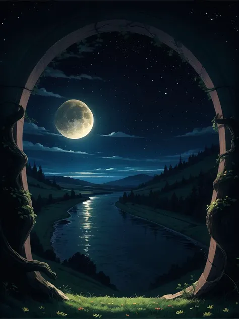 a view of a full moon over a river and a forest