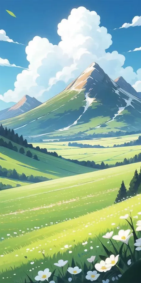 anime landscape with mountains and flowers