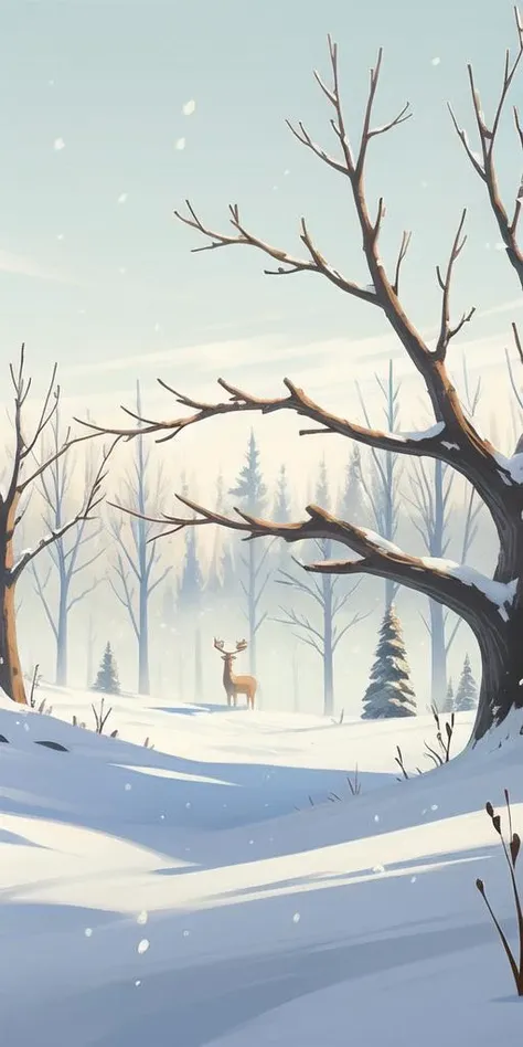 snowy scene with a deer in the distance and trees in the background