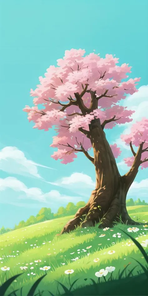 a cartoon style picture of a tree in a grassy field