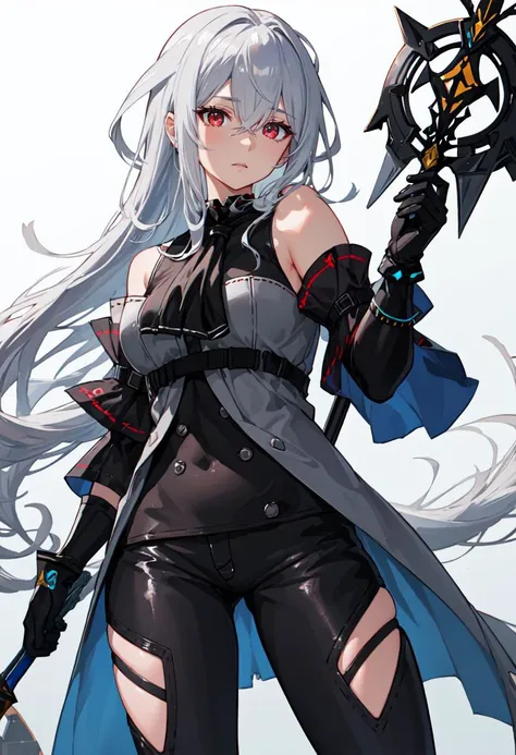 best quality, masterpiece, highres, solo, (skadi_arknights:1.10), 1girl, black gloves, black pants, looking at viewer, thigh cutout, holding sword, bare shoulders, black ascot, closed mouth, cowboy shot, thighs, standing, black shirt, detached sleeves, 4 <...