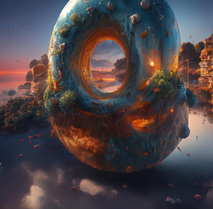 {cake},dessert,{donut circle,dessert,sweets},pancake,doughnut, ,pink,doughnut world, milky building, forest, tree, lack, in blue clear background <lora:donut(1):1>