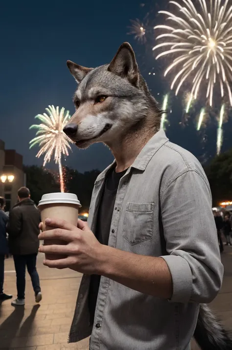 photo (furry wolf), holding a takeway coffee, street, anthro, casual clothes,fit, hairy, night, (close-up:0.75), fireworks,