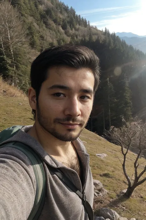 arafed man taking a selfie in the mountains with a backpack