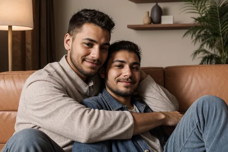 there are two men sitting on a couch together on the couch