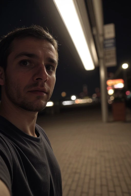 arafed man taking a selfie at night in a parking lot