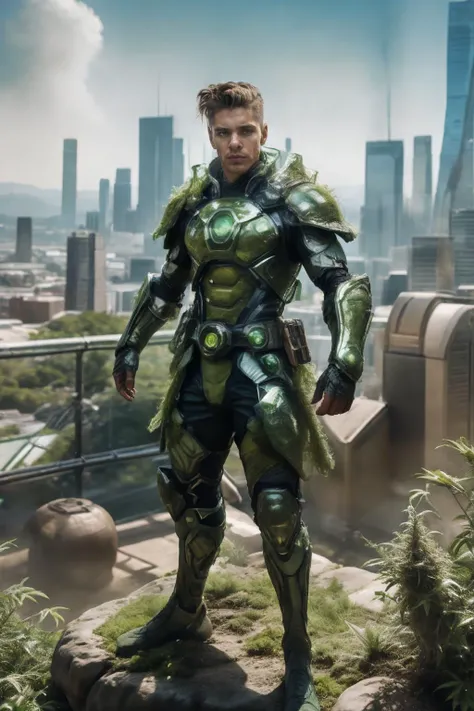 full body, <lora:sc_jess-06:1>, photo of male sc_jess, undercut, looking at viewer, wearing solar4rmor <lora:Clothing - SolarPunk Armor:0.7>, rogue marijuana armor, heroic stance, futuristic naturalist cityscape background