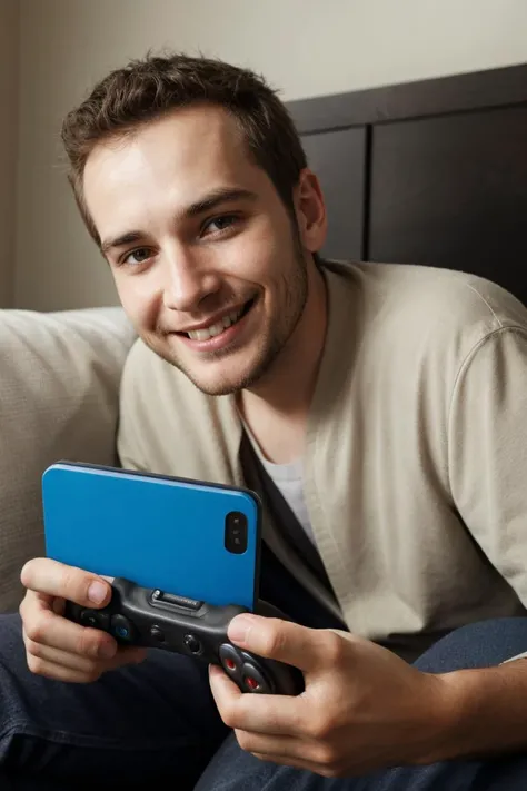 Photo (1man), smiling, playing video games,