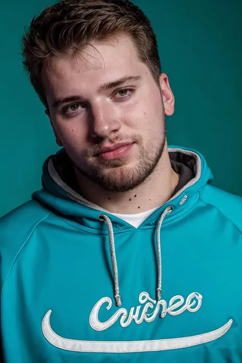 arafed man in a turquoise hoodie with a white logo on it