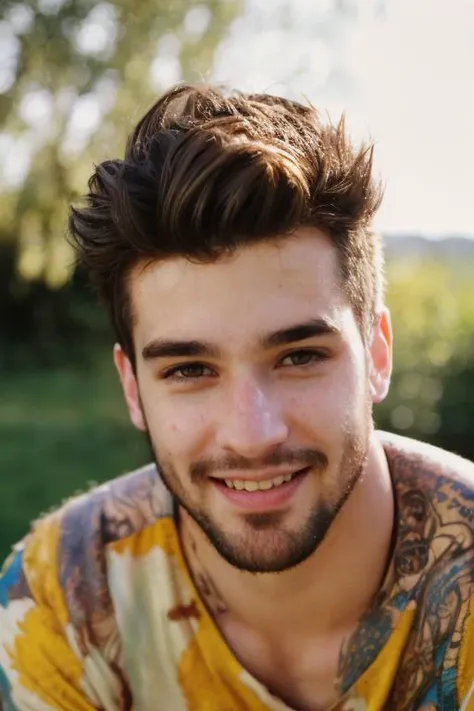 a close up of a man with a beard and a colorful shirt