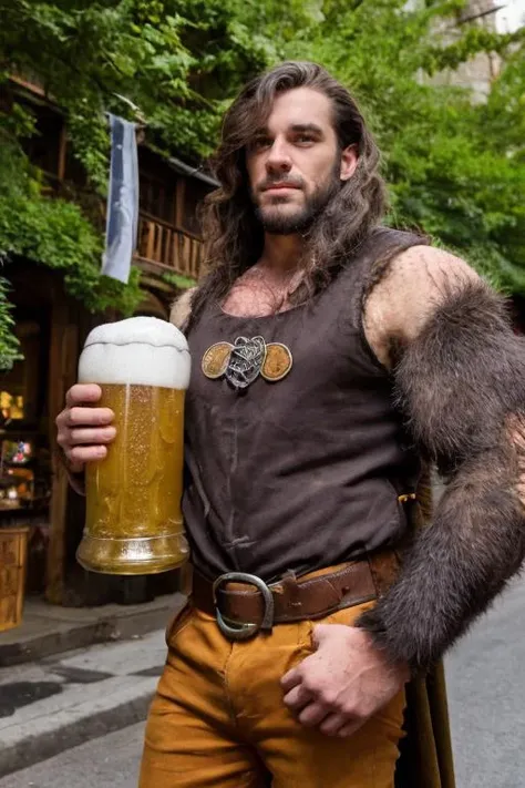 arafed man in a brown shirt holding a beer and a knife