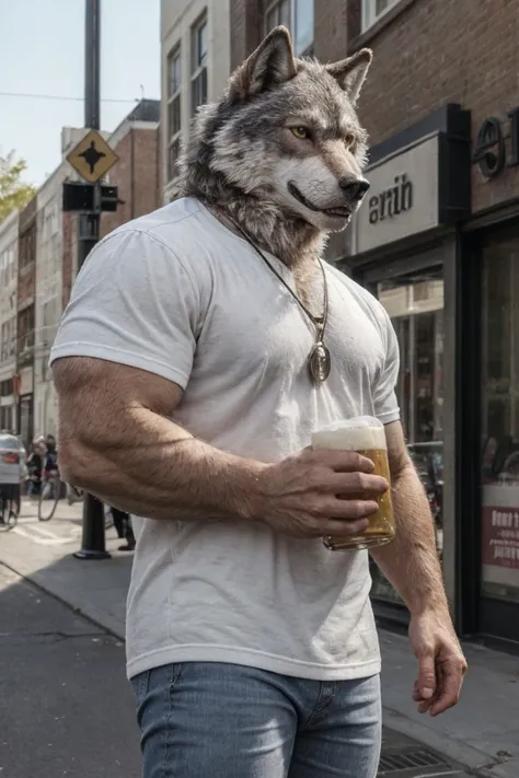 arafed man in a wolf mask holding a beer on a city street