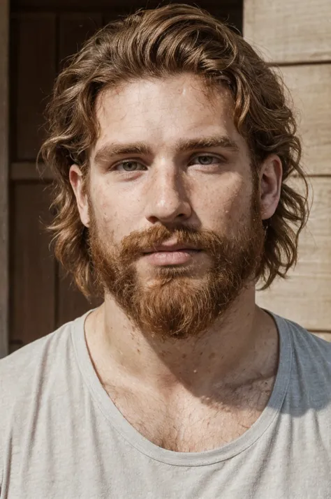 a close up of a man with a beard and a gray shirt