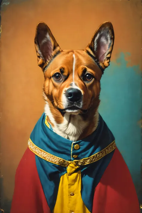 analog film photo cinematic film still of (dog with royal clothes on old portrait painting:1.3),  . shallow depth of field, vign...