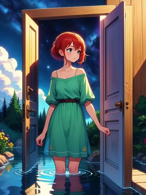 a woman in a green dress standing in front of a door