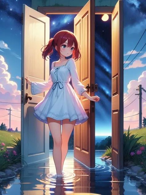 a girl standing in front of an open door in a field