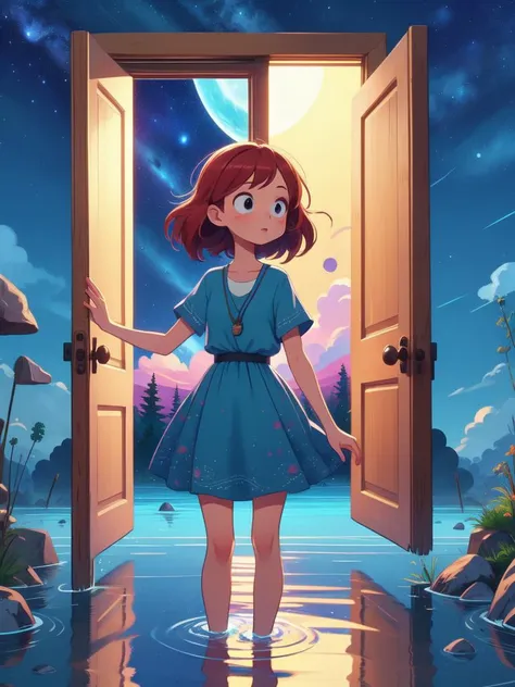 a girl standing in front of an open door with water and a moon in the background