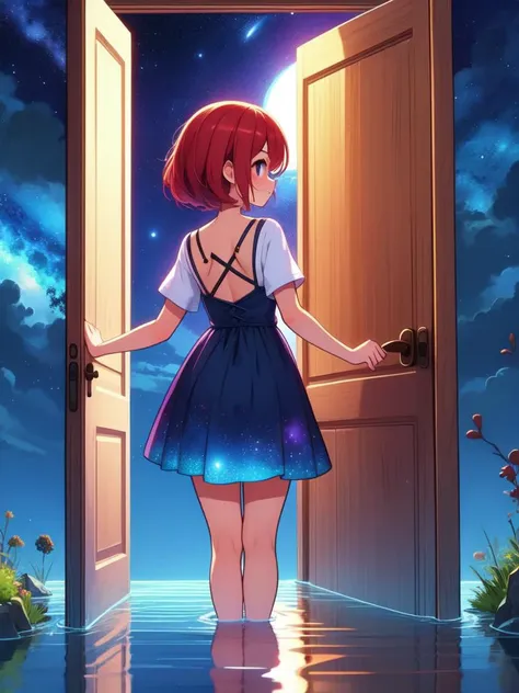 a girl standing in front of an open door with a sky background