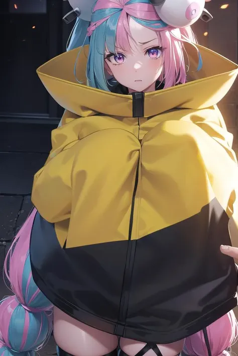 a woman in a yellow and black jacket and a pink and blue hair