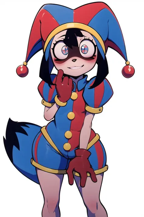 pomni, multicolored clothes, jester cap, puffy short sleeves, gloves, buttons, colored skin, symbol-shaped pupils, red eyes, blue eyes, <lora:pomni:1>, furry raccoon girl, absurdres, solo, 1girl, multicolored eyes, raccoon ears, two-tone hair, (high qualit...