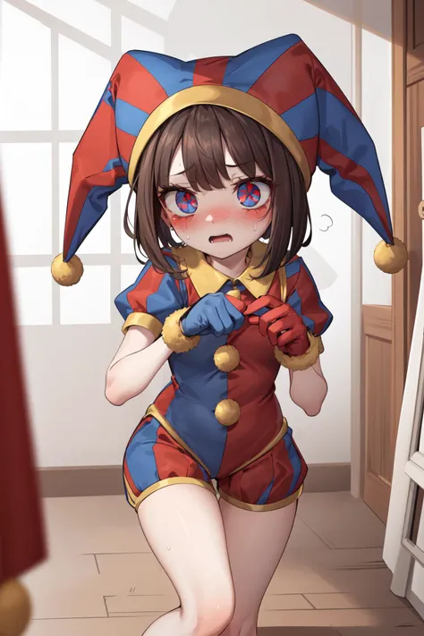 masterpiece,best quality,1girl,pomni,jester cap,colored skin,symbol-shaped pupils,red eyes,blue eyes,(multicolored clothes),puffy short sleeves,gloves,buttons,panicking,constricted pupils,shaded face,looking around,sweatdrop,circus,indoors,<lora:pomni:1>,<...