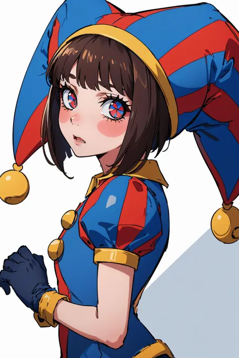 masterpiece, best quality,  <lora:pomni:0.9> pomni, multicolored clothes, jester cap, puffy short sleeves, gloves, buttons, colored skin, symbol-shaped pupils, red eyes, blue eyes, upper body, from side, looking at viewer, wavy mouth