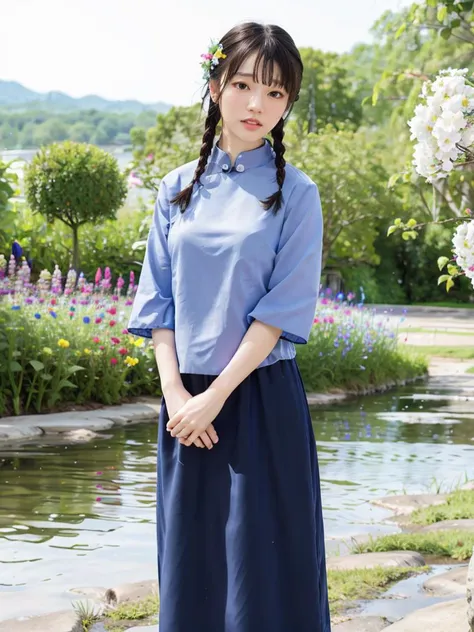 photorealistic,realistic, solo, photorealistic, best quality, ultra high res,


cheerful expression, 54female,blue_shirt, black_skirt, twin_braids, standing in a field of wildflowers,

beautiful, masterpiece, best quality, extremely detailed face, perfect ...