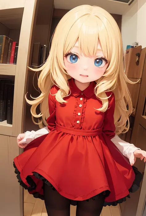 a close up of a person in a red dress with a book shelf in the background