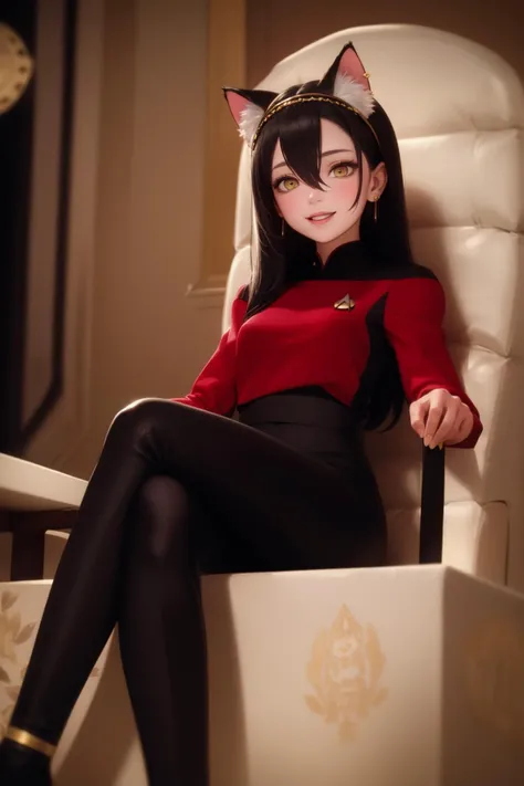 (red and black) 3stngunf uniform,black pants,masterpiece, best quality, 1girl, solo,black hair, hair between eyes, long hair, yellow eyes, smile, circlet, headpiece, earrings, hair ornament, jewelry, gold trim, desert, sitting on throne, crossed legs, cat ...