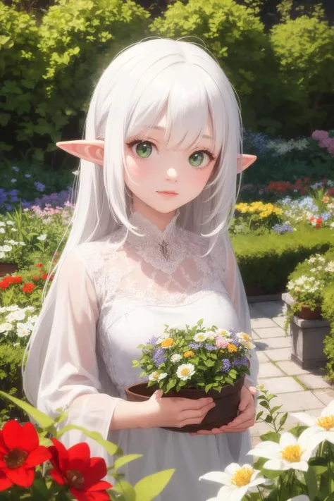 anime girl with white hair and green eyes holding a pot of flowers