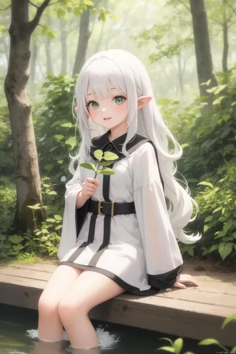 anime girl sitting on a dock with a flower in her hand