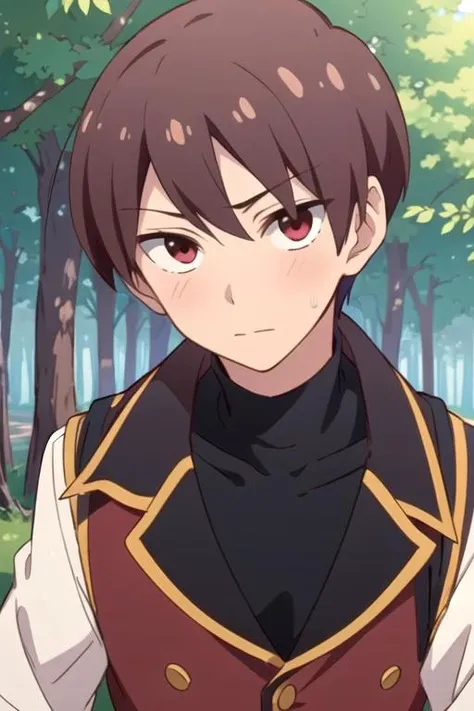 masterpiece, best quality, wallpaper, 1boy, solo, male focus, looking at viewer, , depth of field, anime coloring, , <lora:chiaki_uchimura:0.66>, chiaki_uchimura, brown hair, red eyes, pirate costume, The Forest of Mirrors: A place where reality is distort...