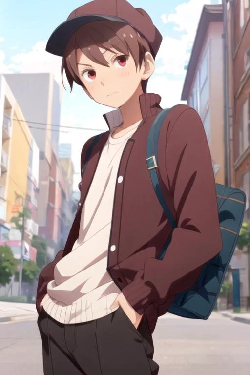 masterpiece, best quality, sketch, 1boy, solo, male focus, looking at viewer, , , anime coloring, realistic, <lora:chiaki_uchimura:0.68>, chiaki_uchimura, brown hair, red eyes, sweater, newsboy cap, biopunk,