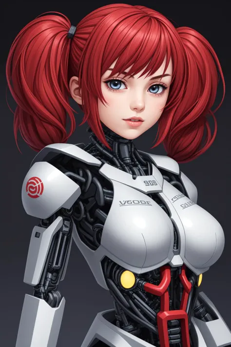 1girl, red hair, twintails, cybernetic