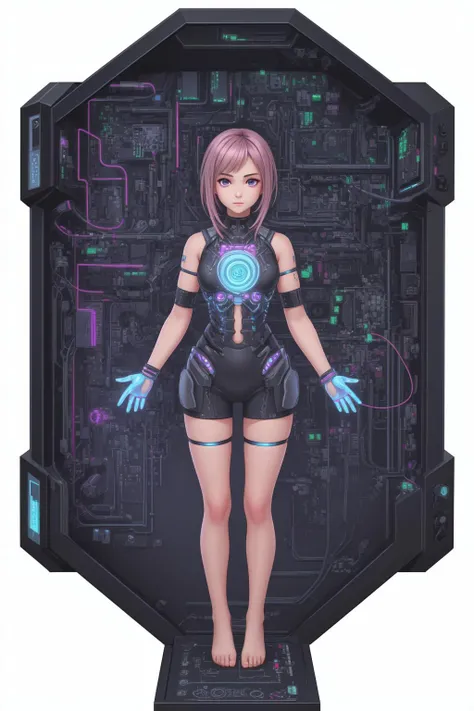 1girl, virtualization, hologram, circuitry