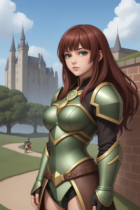 1girl, green armor, fantasy scene, high fantasy, detailed background, castle, sky, brickwork, big hair, sideswept bangs