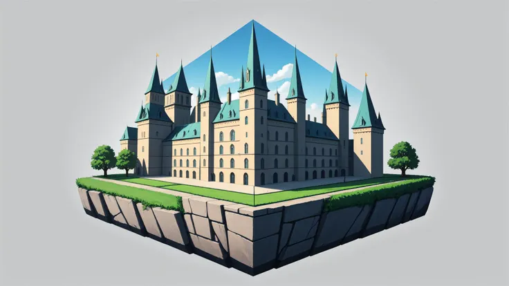 surreal, hexagonal composition, simple background, castle scene