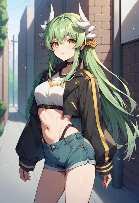 score_9,score_8_up,score_7_up,score_6_up,score_5_up,score_4_up, source_anime, aakiyo, long hair, green hair, white horns, hair ornament, yellow eyes, <lora:kiyohime_(berserker)_XL_1:1>, standing, black jacket, cropped jacket, streeet, short shorts, street,